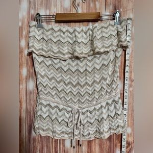 White House Black Market Strapless Chevron Knit Top Gold Cream White Small